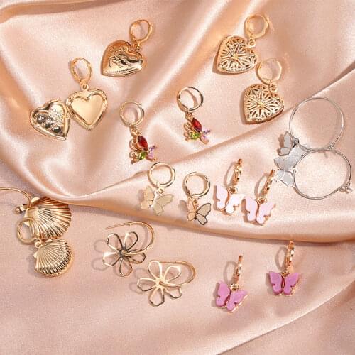 Flatfoosie New Butterfly Drop Earrings For Women Geometric Hollow Flower Shell Heart Openable Hanging Earrings Fashion Jewelry