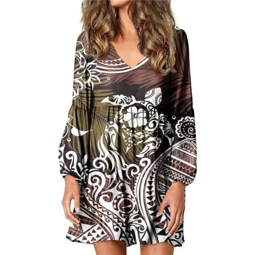 Hycool Lady Plus Size Loose Home Pregnant Dress Sea Turtle Print Polynesian Dress Custom Women Lantern Sleeves Sexy V-Neck Dress