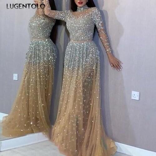 Womens Dance Dress Sequins Bronzing Long-Sleeved Sexy Dinner Slim-fit Lace Party Big Swing Lady Maxi Dresses Lugentolo