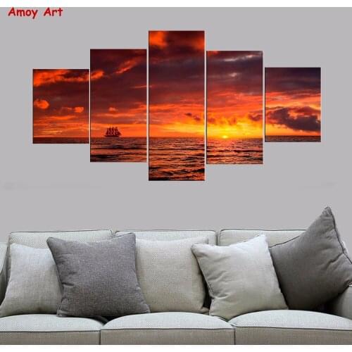 5 Panels Sailing Ship Sunset Skyline Wall Pictures for Living Room Photo on Canvas Prints Wall Art for Bedroom Canvas Painting