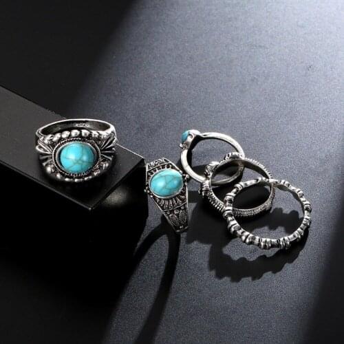5pc charming tibet Retro Vintage 925 Silver blue Chalcedony TURQUOISEs Rings Finger Female Jewelry shipping free