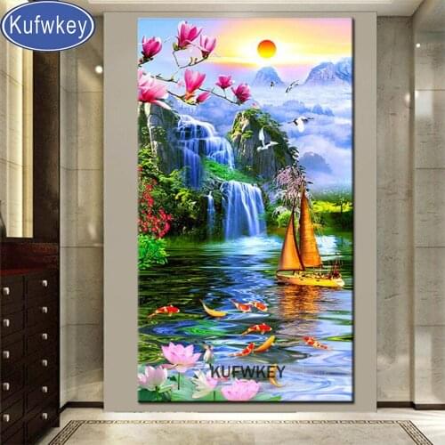 Sunrise Magnolia Flowers Koi FIsh diamond embroidery large size DIY Diamond mosaic Waterfall Boat 5d Full diamond painting