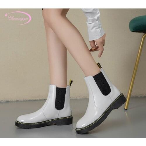 Street style round toe ankle boots fashion color matching stretch platform black white low-heel motorcycle boots womens shoes