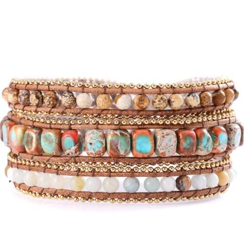 Golded Metal Beaded Chain Imperial Stones Wrap Bracelets Amazonite Leather Bangles