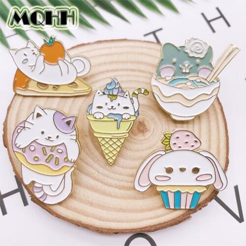 Cartoon Cute Animals Cat Donut Cone Pizza Strawberry Enamel Brooch Alloy Badge Clothes Bag Sweet Pin Jewelry Gift For Friends