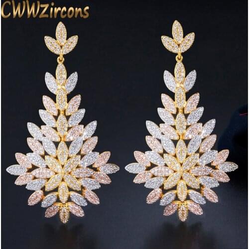 CWWZircons 80mm Luxury Exclusive CZ Leaf Drop Big Statement Long Wedding Earrings 3 Tone Gold Dubai African Brides Jewelry CZ676