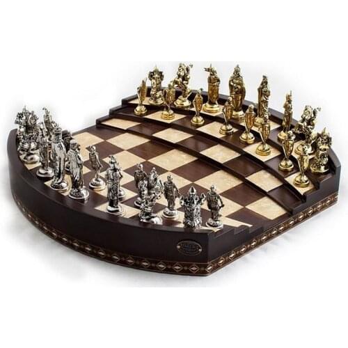Handmade Walnut Wood 3D Big Size Chess Arena - Luxury Zinc Figures With Cloth Bag 44.5x42x6 Cm 4.2 Kg