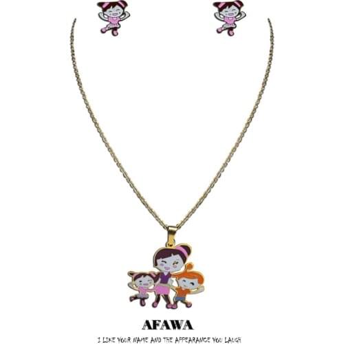 Family Mom and Two Girl Enamel Stainless Steel Necklace Earings Sets for Women Gold Color Jewelry acero inoxidable S9513S01