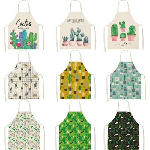 Women Kitchen Apron Cotton Linen Cartoon cactus Printed Sleeveless Chef Cooking Aprons Kitchen accessories 68*55cm 0077