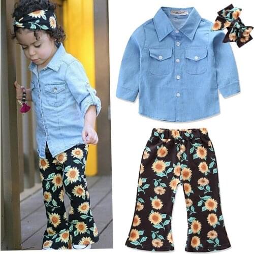 VTOM Toddler Kids Girls Clothing Sets Long-sleeved Denim Tops +Sunflower Bell Bottom Trouser+Headbands Outfits Children Clothes
