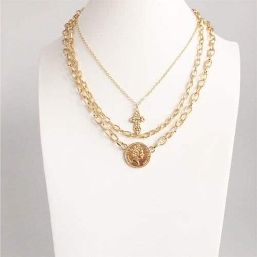 FASHION JEWELRY NECKLACE GOLD COLOR COIN AND CROSS PENDANT SHORT FOR WOMEN GIRL