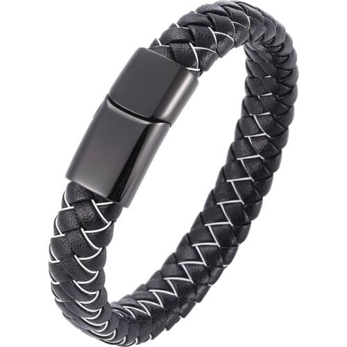 Trendy Men Jewelry Black Braided Leather Rope Bangles Stainless Steel Magnetic Buckle Woven Bracelet Punk Male Wristband PD1083