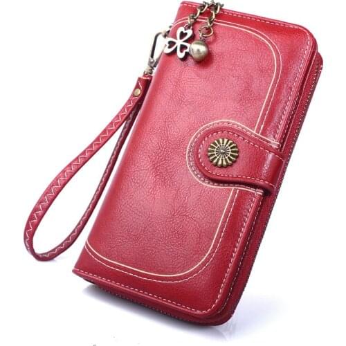Fashion Retro Wallet Womens Long Oil Wax Skin Large Capacity Clutch Bag Mobile Phone Bag Women Purse Leather Wallet