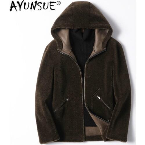 AYUNSUE Real Fur Coat Men Clothes 2020 100% Wool Mens Jacket Winter Sheep Shearling Hooded Plus Size Coats Men YFN9105 KJ4959
