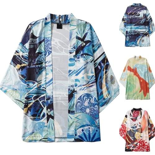 Mens Kimono Cardigan Shirts Anime Japanese Style Print Cover Up Cardigan Loose Open Front Casual Blouse Summer