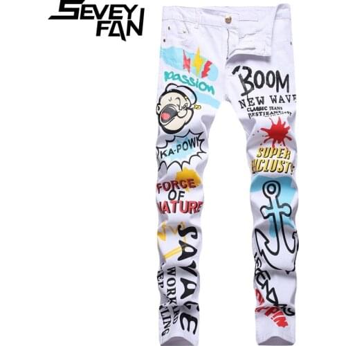 SEVEYFAN Mens Fahion Graffiti Printed Jeans Hand Painted White Slim fit Denim Pants Trendy Pencil Trousers for Male