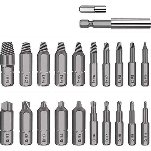 22PCS Damage Screw Bolt Extractor Out Drill Bit Set With Extension Bar Ex#1-Ex#10 Hand men Broken Bolt Stud Removal Tool