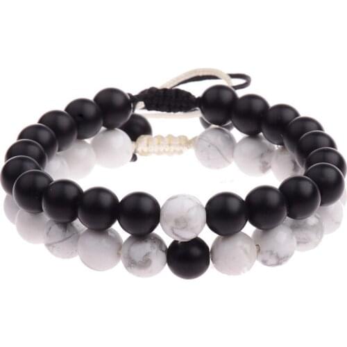 Genuine Black Stone Beads With Natural Rose Pink Crystal Beads Healing Lucky Energy Bracelets Couples Bangle Jewelry