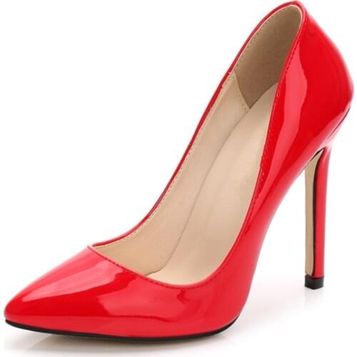 Woman Pink Sexy Pumps Party Patent Leather Thin High Heels Shoes Red Gray Blue Pointed Toe Wedding Pumps Big Size 35-46 DB0024