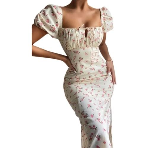 IMCUTE Fashion Elegant Boho Print Square Colla Slit Maxi Dress French Romantic Party Vacation Beach Casual Floral Dress Ladies