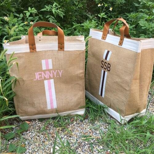Custom Market Bag in Natural with Pink Monogrammed Natural Beach Totes, Birthday Gift Quarantine Bag, Jute Carryall Travel Bags