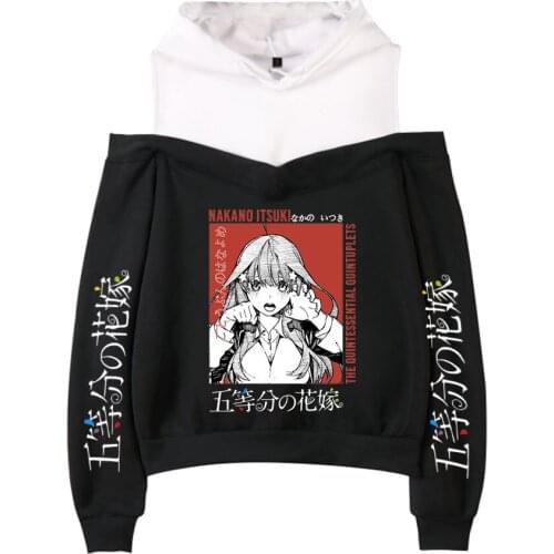 Popular The Quintessential Quintuplets Hoodie Black+White Off-the-shoulder Casual Women Girl Sexy Sweatshirt Y2K Fashion Clothes