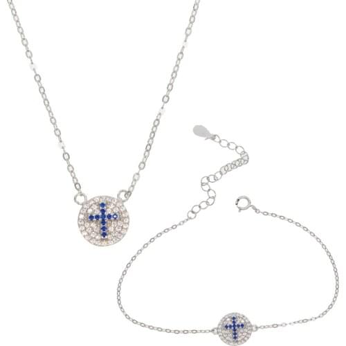 Romantic Design Blue Cross White AAA CZ Round Circle Thin Chain Bracelet Necklace Set 100% 925 Sterling Silver Fine Jewelry Sets