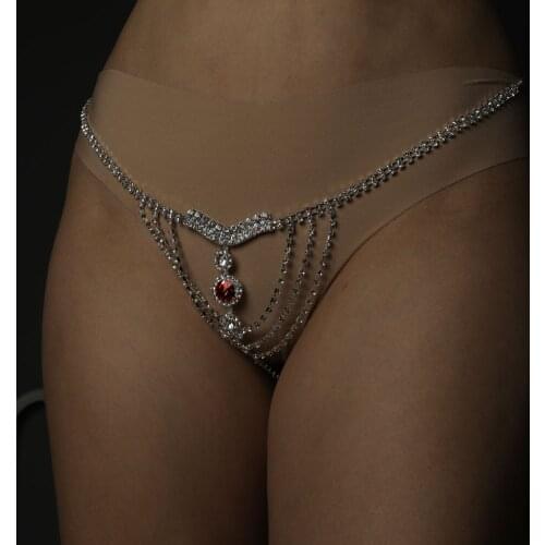 VCU Fashion Red Crystal Belly Chain Thong Rhinestone Undewear for Women Sexy Rhinestone Waist Chain Body Bikini Panties