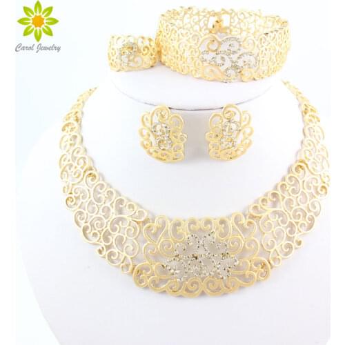 Vintage Hollow Crystal Flower Necklace Earrings Gold Color African Dubai Wedding Costume Jewelry Sets For Women