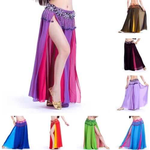 Belly Dancing Skirt for Women 13Colors Chiffon Sexy Oriental 2-sides Split Dance Skirts Belly Performance Stage Costume