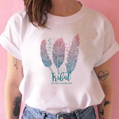 Dreamcatcher Casual O-neck Top Shirt Womens T-shirt Feather Harajuku Printed T-shirt Fashion Casual White T-shirt