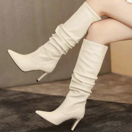 Black Brown Wine Red Women Knee High Boots Fashion Pointed Toe Thin High Heel Ladies Calf Boots Fashion Pleated Womens Shoes