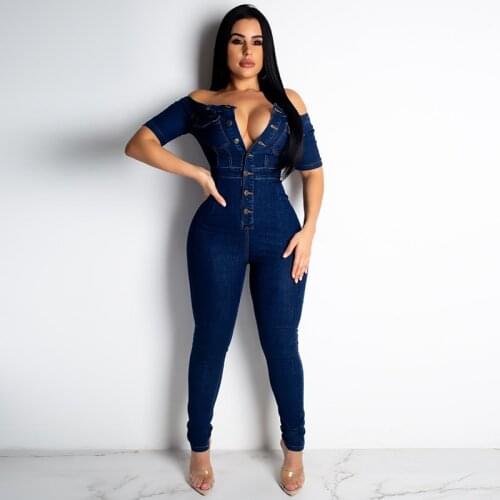 Sexy Denim JUMPSUIT Women Jeans Rompers Off Shoulder Skinny Playsuit Long Pants Bodycon Club Party Summer Streetwear Plus Size