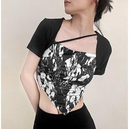 Gothic Sexy Printed Women Summer Crop Tops Punk Bodycon Black Irregular Female T Shirt Vintage Y2K Patchwork Tee