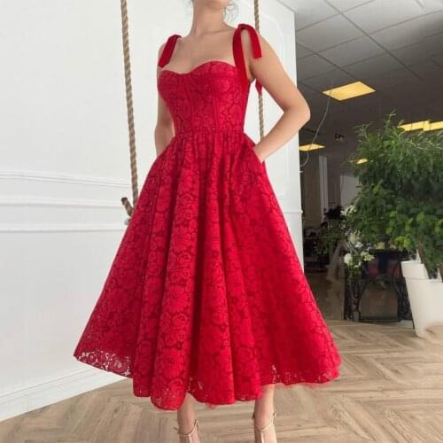 Sweetheart Spaghetti Straps Red Lace Tea Length Prom Dress A-Line Evening Gowns