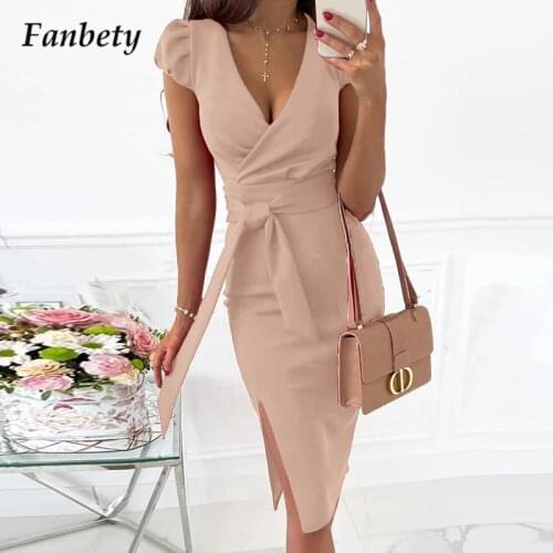 Fashion Tie-Up Bow Slim Solid Party Dress 2021 Women Sweet V Neck Bodycon Midi Dress Autumn Elegant Office Lady Split Sexy Dress