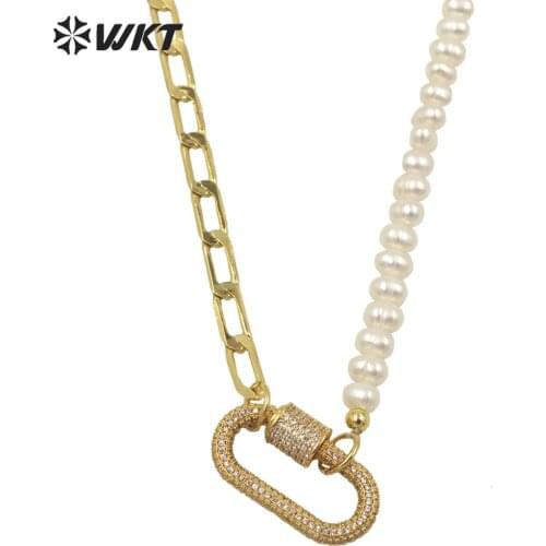 WT-MN975 Amazing Feature 18k real gold plated combine Chain necklace Lady Elegant freshwater Pearl chain CZ clasp necklace