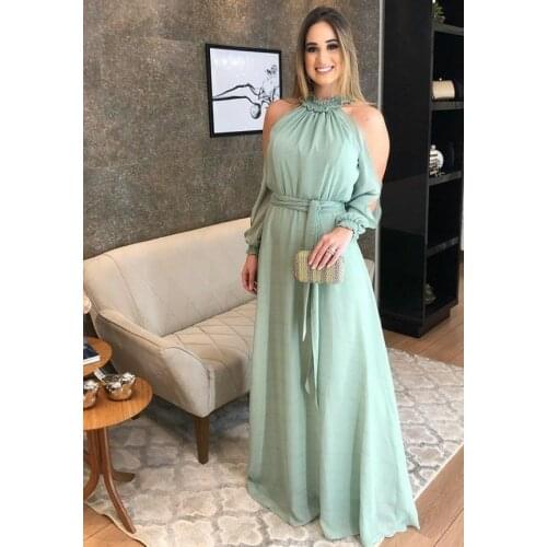 Elegant A-Line Long Chiffon Prom Dresses with Pockets Zipper Back Floor Length Green Halter Robe De Soiree Formal Party Gown
