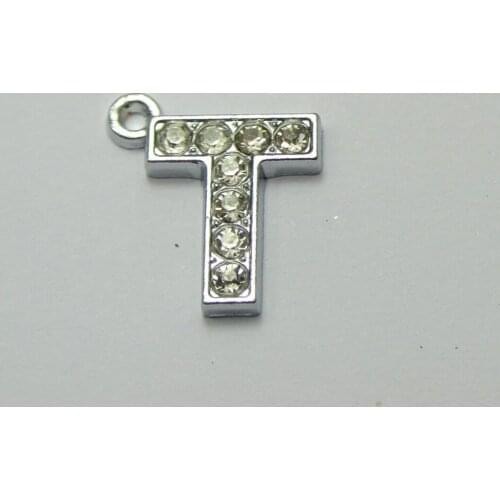 10 Silver Tone Alloy Rhinestone Alphabet Letter T Charms Pendants