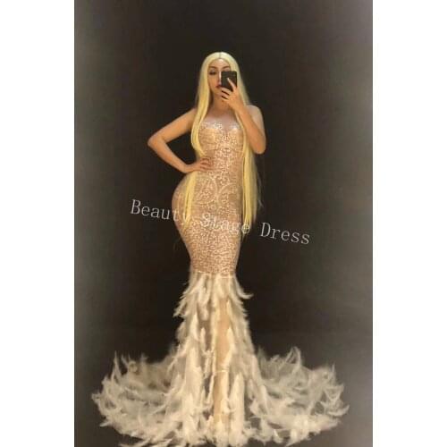 2019 Sexy See Through Mesh Rhinestones Dress Evening Party Birthday Celebrate Feather Dress Singer Costume Long Net Yarn Dress