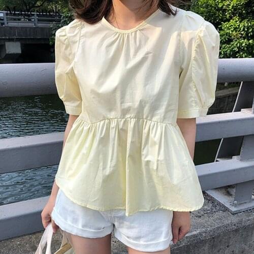2021 Summer Elegant O Neck Tops New Puff Short Sleeve French Slim Patchwork Blouse Women Cotton Shirt Clothes Blusa Mujer 14375