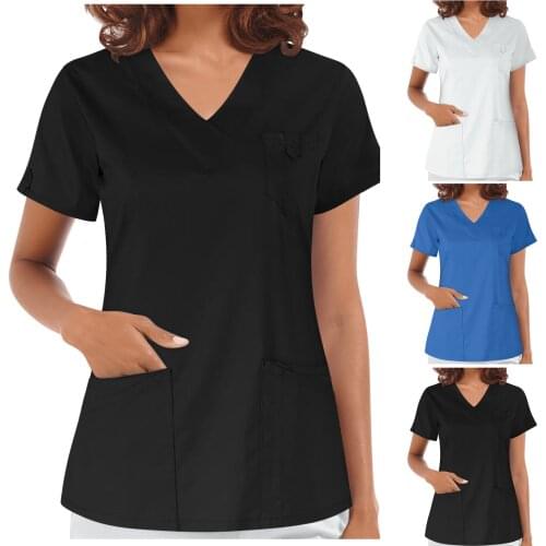 2021 Nurse Uniform for Women Fashion Womens Short Sleeve V-Neck Pocket Care Workers T-Shirt Top Summer uniforme enfermera mujer
