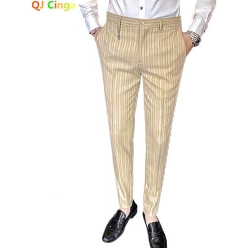 Spring / Autumn New Mens Striped Trousers Yellow Pink Apricot Pants Men Fashion Slim Men Pants Size 28-35 Pantalones Hombre