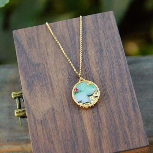 Designer original new floating flower landscape chalcedony necklace pendant classic atmosphere ladies silver jewelry