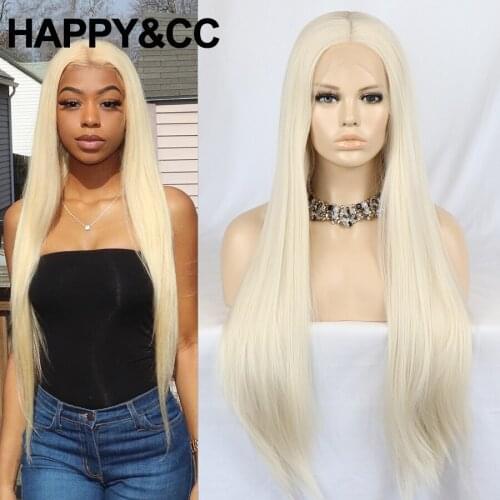 Long Straight Synthetic Lace Front Wigs For Black Women Middle Part High Temperature Fiber 613 White Color Wigs Natural Hairline