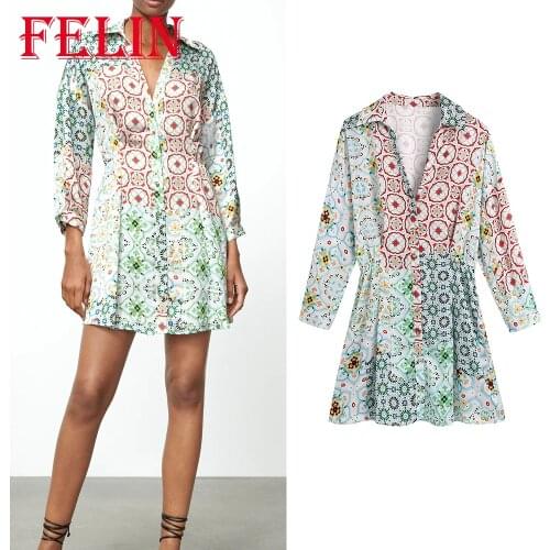 FELIN Women Chic Floral Print V Neck Shirt Mini Dress Long Sleeve A-Line Boho Stylish Shirt Dress Elegant Mujer Vestidos