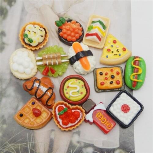 Julie Wang 10PCS Resin Artificial Food Charms Random Mix Sushi Bread Pizza Cake Hot Dog Sandwich Jewelry Making Accessory Decor