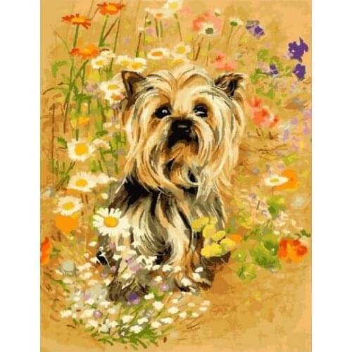 Yorkshire terrier and flower DIY Framed Oil Painting By Numbers Animal Pictures Canvas Painting For Living Room Wall Art decor