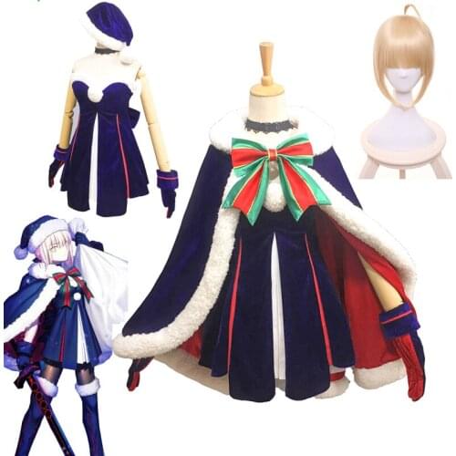 Game Fate Grand Order Cosplay Costume Black Saber Christmas Dark Blue Full Set with Cloak for Women Cosplay Costume