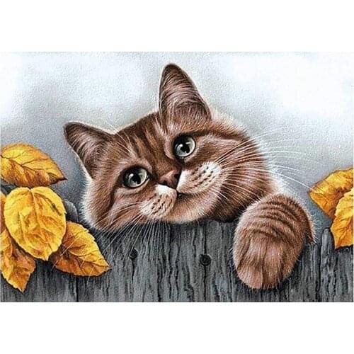 BMBY-Round Diamond Full Diamond Diamond Painting Set DIY Set Living Room Kitchen Bedroom Decoration Yellow Leaf Cat